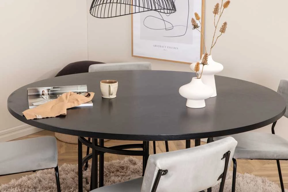 Venture Design Valgomasis stalas, Kopenhaga, 140x74 cm, Juodas + Valgomasis kėdė, Kenth, 52x76x40 cm, Šviesiai pilka aksomas