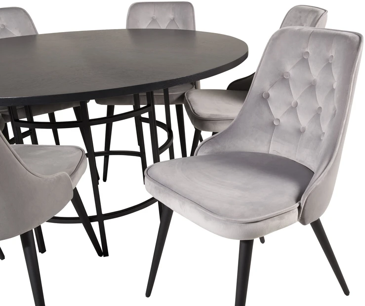 Venture Design Valgomasis stalas, Kopenhaga, ⌀140 cm, Juodas / Valgomasis kėdė, Velvečiaus prabanga, 66x88.5x50 cm, Šviesiai pilka