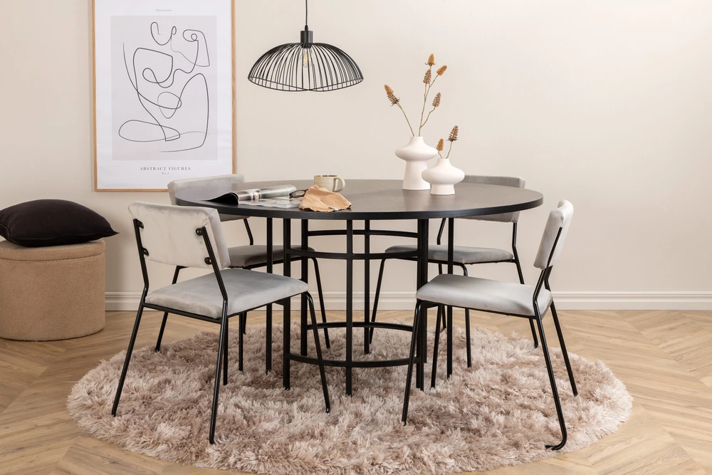 Venture Design Valgomasis stalas, Kopenhaga, 140x74 cm, Juodas + Valgomasis kėdė, Kenth, 52x76x40 cm, Šviesiai pilka aksomas