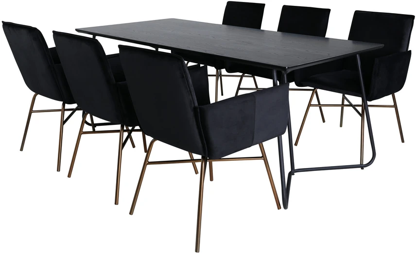 Venture Design Valgomasis stalas, Petra, 190x90 cm, Juodas, Valgomasis kėdė, Petra, 87x57 cm, Juoda