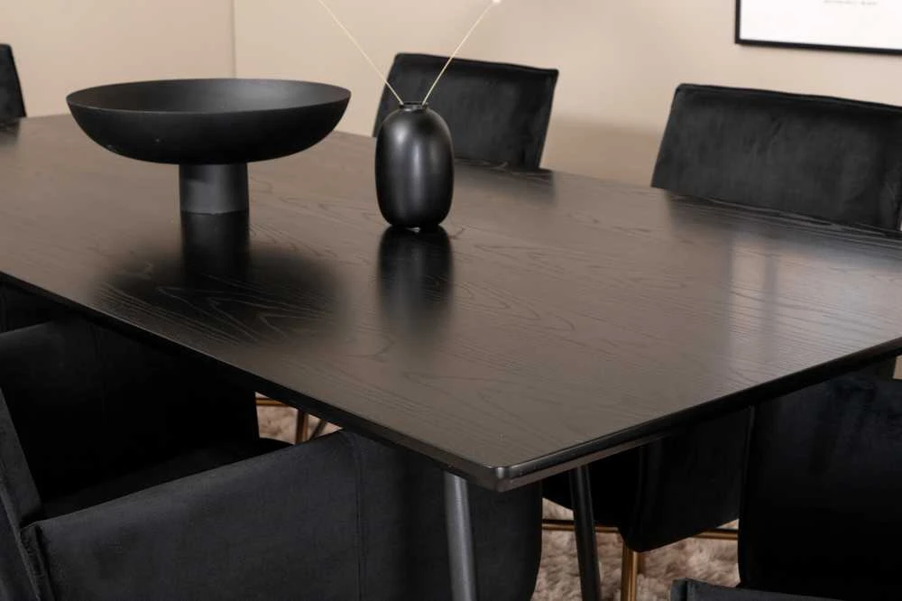 Venture Design Valgomasis stalas, Petra, 190x90 cm, Juodas, Valgomasis kėdė, Petra, 87x57 cm, Juoda