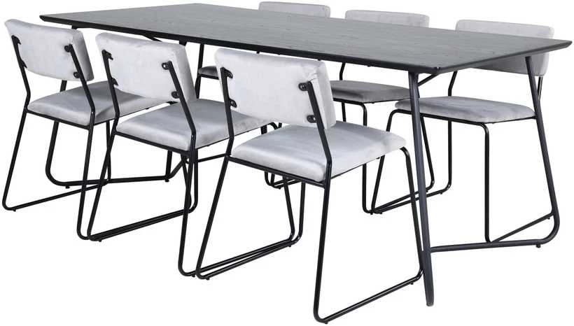 Venture Design Valgomasis stalas, Petra, 190x90 cm, Juodas, Valgomasis kėdė, Kenth, 76x40 cm, Pilka