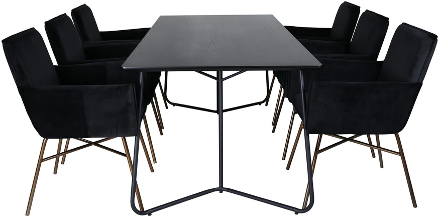 Venture Design Valgomasis stalas, Petra, 190x90 cm, Juodas, Valgomasis kėdė, Petra, 87x57 cm, Juoda