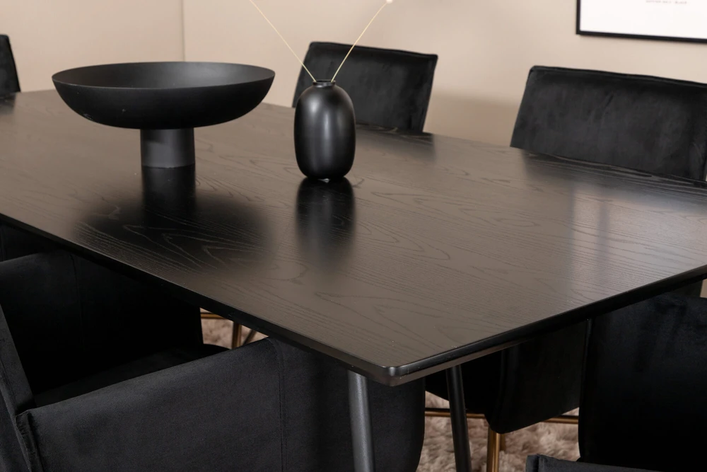 Venture Design Valgomasis stalas, Petra, 190x90 cm, Juodas, Valgomasis kėdė, Petra, 87x57 cm, Juoda