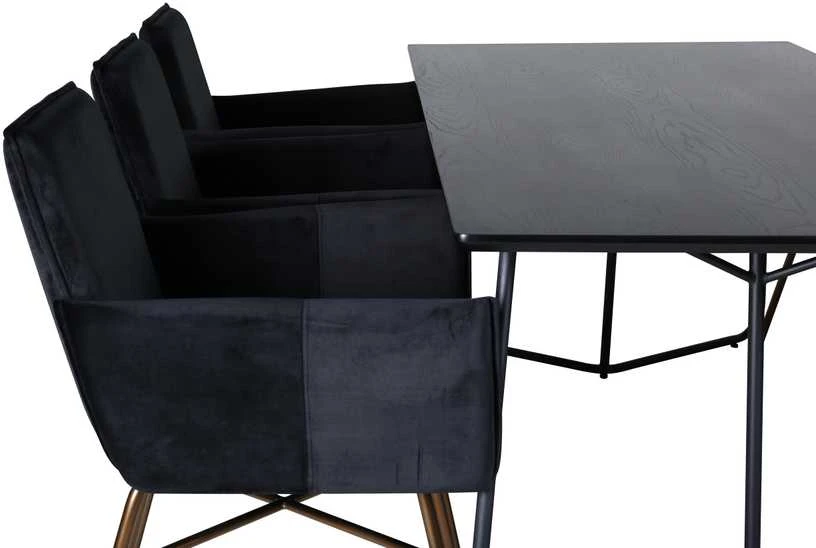 Venture Design Valgomasis stalas, Petra, 190x90 cm, Juodas, Valgomasis kėdė, Petra, 87x57 cm, Juoda