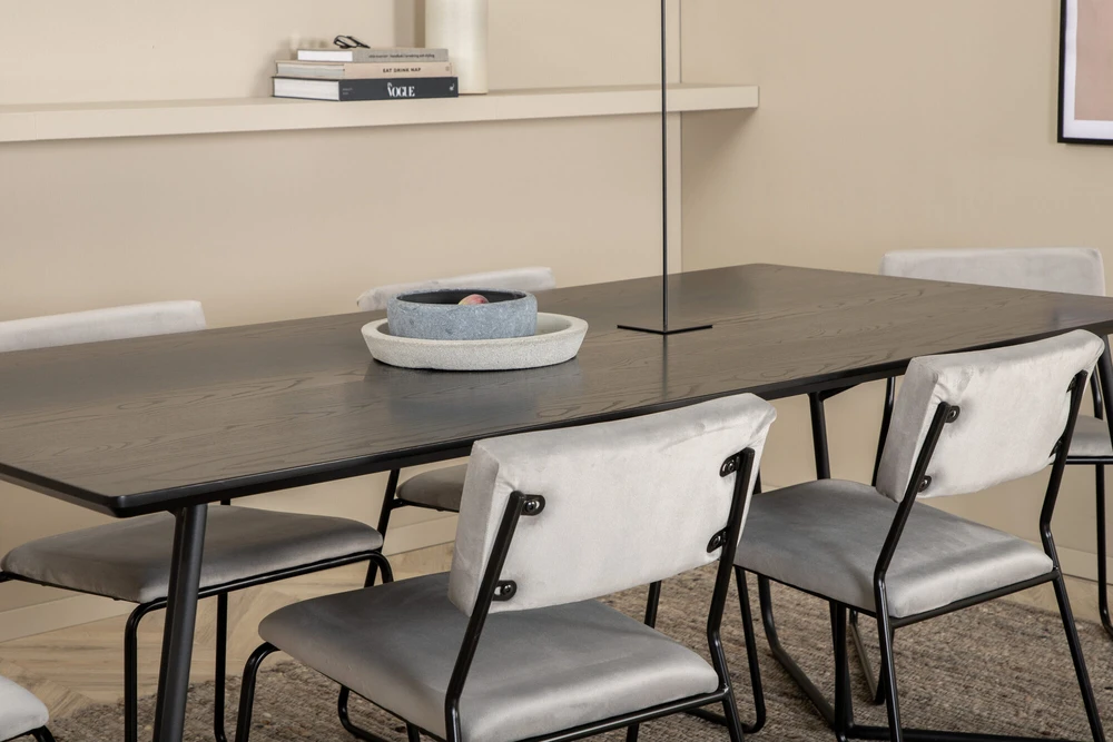 Venture Design Valgomasis stalas, Petra, 190x90 cm, Juodas, Valgomasis kėdė, Kenth, 76x40 cm, Pilka