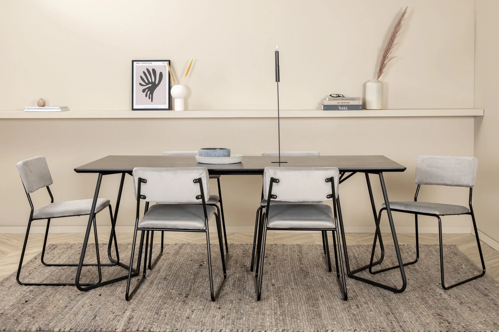 Venture Design Valgomasis stalas, Petra, 190x90 cm, Juodas, Valgomasis kėdė, Kenth, 76x40 cm, Pilka
