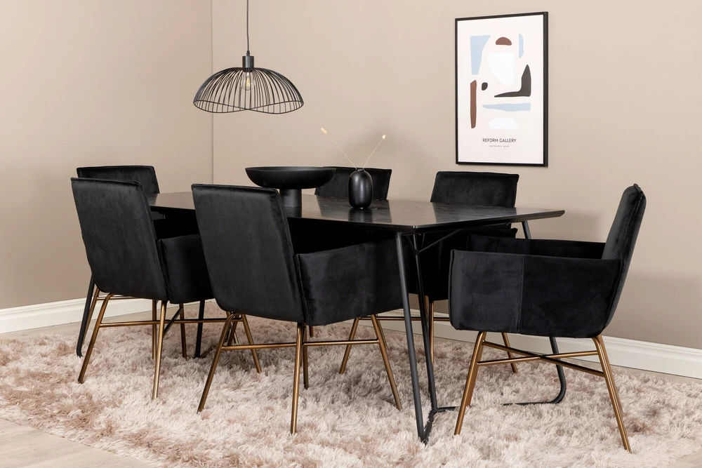Venture Design Valgomasis stalas, Petra, 190x90 cm, Juodas, Valgomasis kėdė, Petra, 87x57 cm, Juoda