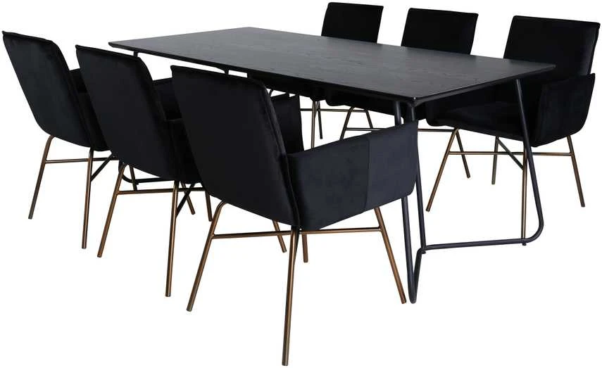 Venture Design Valgomasis stalas, Petra, 190x90 cm, Juodas, Valgomasis kėdė, Petra, 87x57 cm, Juoda