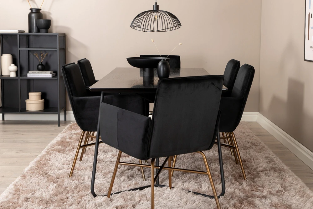 Venture Design Valgomasis stalas, Petra, 190x90 cm, Juodas, Valgomasis kėdė, Petra, 87x57 cm, Juoda