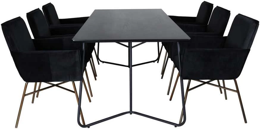 Venture Design Valgomasis stalas, Petra, 190x90 cm, Juodas, Valgomasis kėdė, Petra, 87x57 cm, Juoda