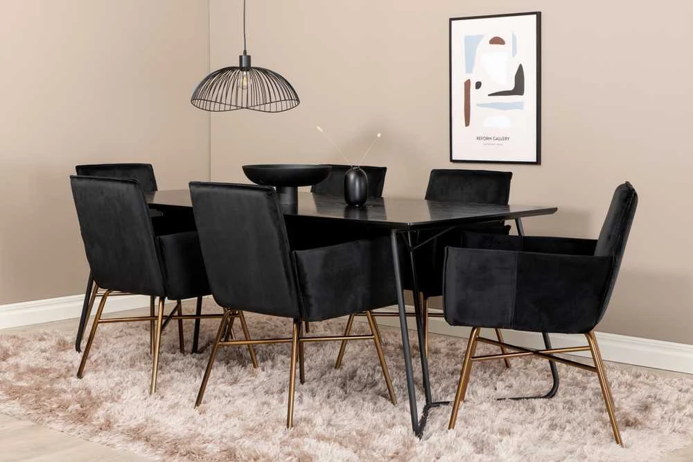 Venture Design Valgomasis stalas, Petra, 190x90 cm, Juodas, Valgomasis kėdė, Petra, 87x57 cm, Juoda