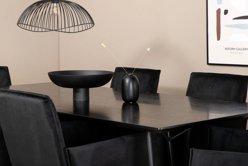 Venture Design Valgomasis stalas, Petra, 190x90 cm, Juodas, Valgomasis kėdė, Petra, 87x57 cm, Juoda
