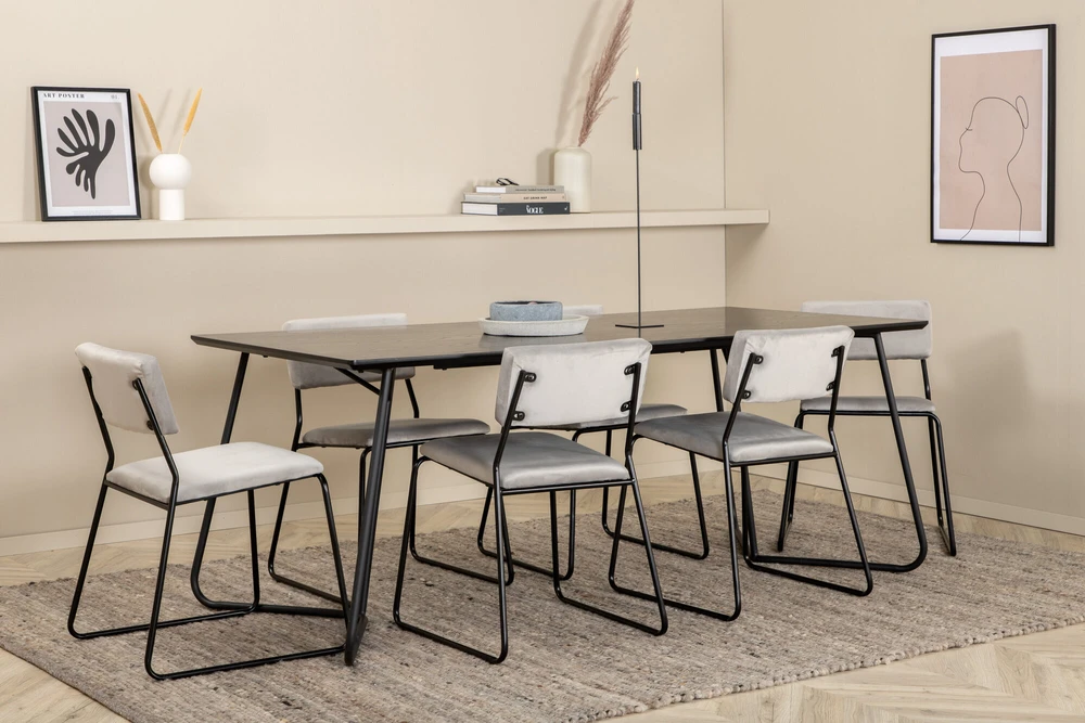 Venture Design Valgomasis stalas, Petra, 190x90 cm, Juodas, Valgomasis kėdė, Kenth, 76x40 cm, Pilka