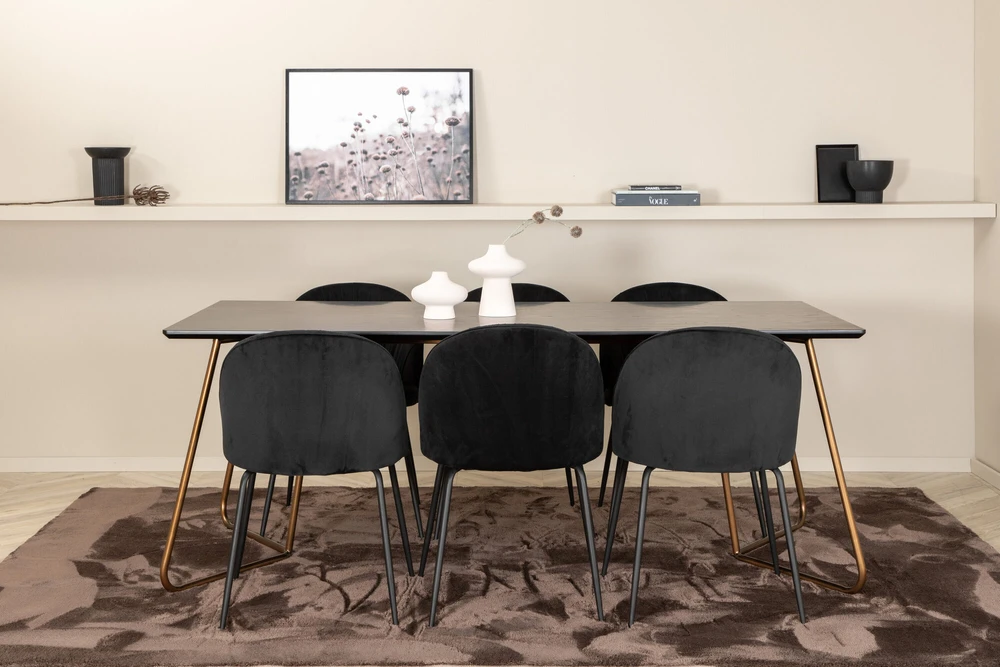 Venture Design Valgomasis stalas, Petra, 190x90 cm, Valgomasis kėdė, Raukšlės, 79.5x49 cm, Juoda