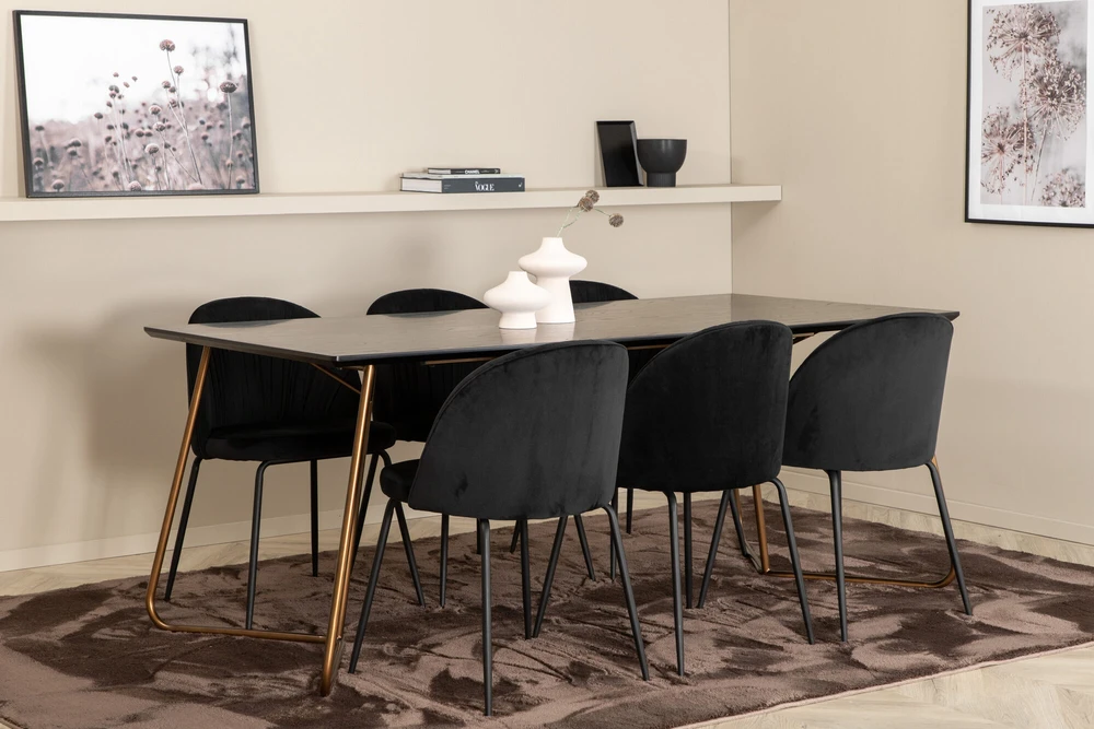 Venture Design Valgomasis stalas, Petra, 190x90 cm, Valgomasis kėdė, Raukšlės, 79.5x49 cm, Juoda