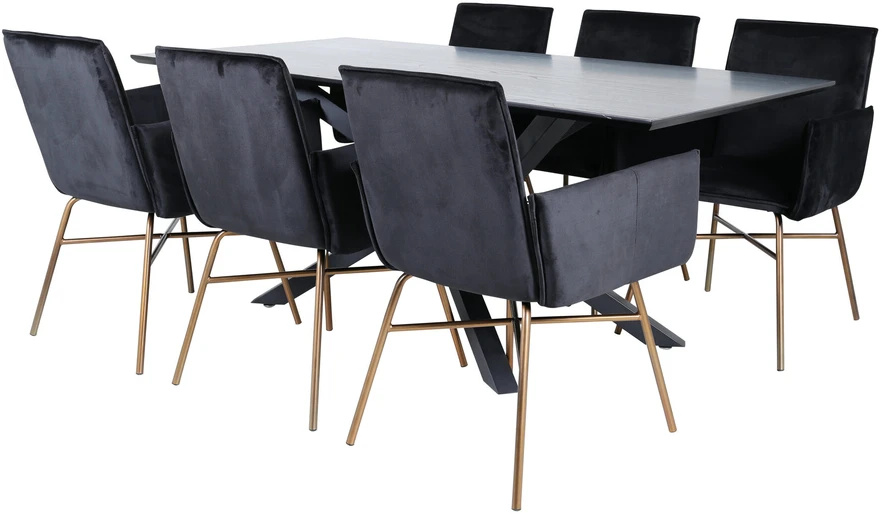 Venture Design Valgomasis stalas, Piazza, 76x180x90 cm, Juodas / Valgomasis kėdė, Petra, 60x87x57 cm, Nusidėvėjęs varis/juodas
