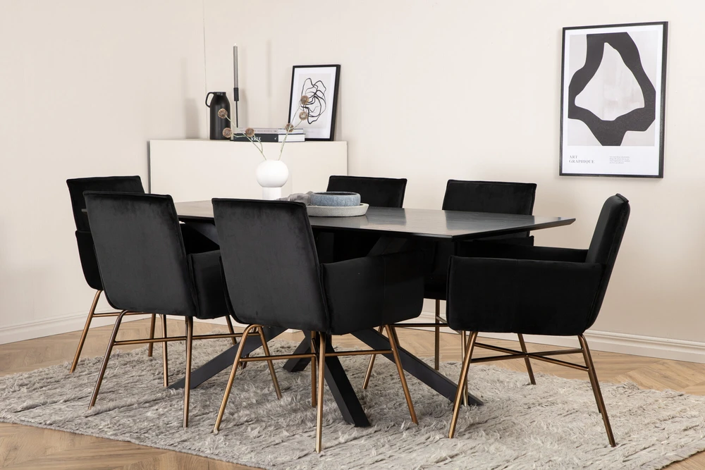 Venture Design Valgomasis stalas, Piazza, 76x180x90 cm, Juodas / Valgomasis kėdė, Petra, 60x87x57 cm, Nusidėvėjęs varis/juodas