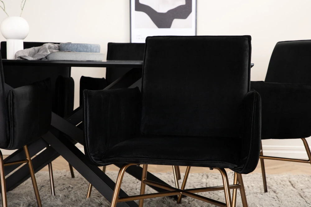 Venture Design Valgomasis stalas, Piazza, 76x180x90 cm, Juodas / Valgomasis kėdė, Petra, 60x87x57 cm, Nusidėvėjęs varis/juodas