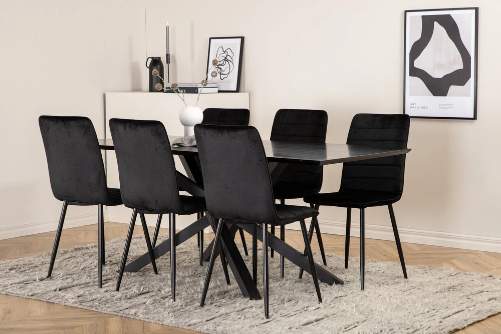 Venture Design Valgomasis stalas, Piazza, 76x180x90 cm, Juodas / Valgomasis kėdė, Windu Lyx, 49x94x43 cm, Juoda