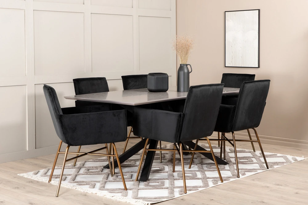 Venture Design Valgomasis stalas, Piazza, 190x90 cm, Valgomasis kėdė, Petra, 60x87 cm, Juoda