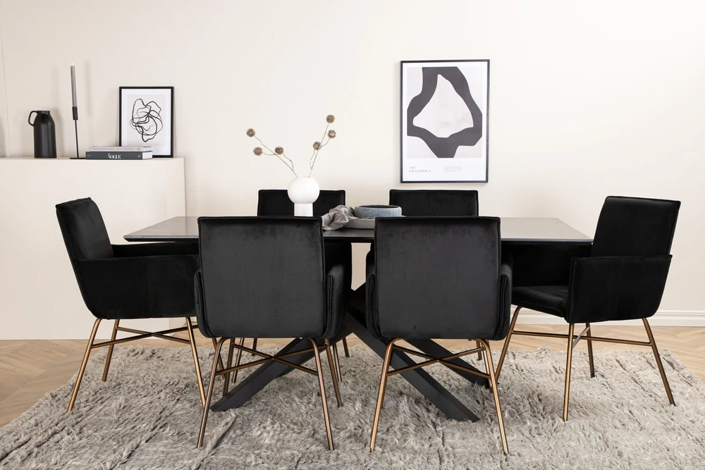 Venture Design Valgomasis stalas, Piazza, 76x180x90 cm, Juodas / Valgomasis kėdė, Petra, 60x87x57 cm, Nusidėvėjęs varis/juodas