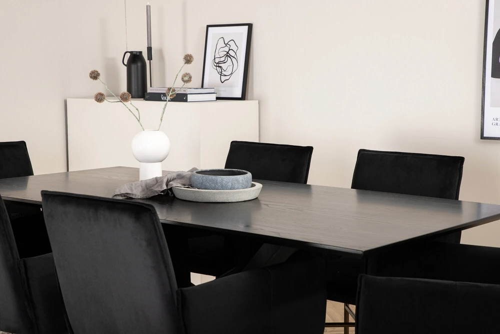 Venture Design Valgomasis stalas, Piazza, 76x180x90 cm, Juodas / Valgomasis kėdė, Petra, 60x87x57 cm, Nusidėvėjęs varis/juodas