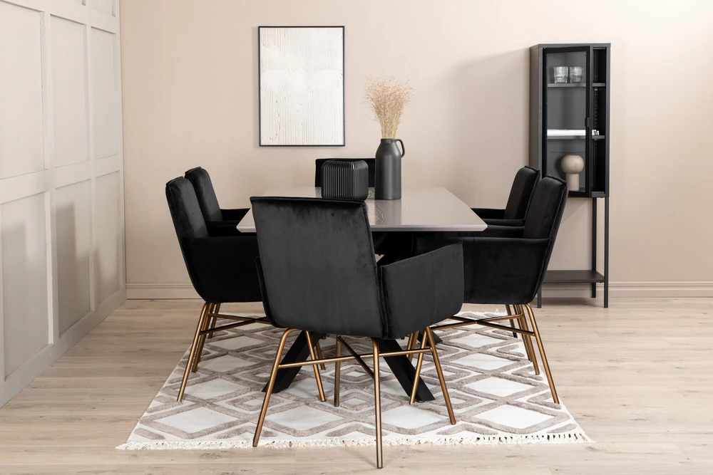 Venture Design Valgomasis stalas, Piazza, 190x90 cm, Valgomasis kėdė, Petra, 60x87 cm, Juoda