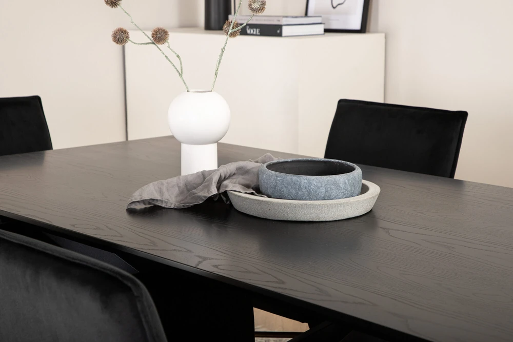 Venture Design Valgomasis stalas, Piazza, 76x180x90 cm, Juodas / Valgomasis kėdė, Petra, 60x87x57 cm, Nusidėvėjęs varis/juodas