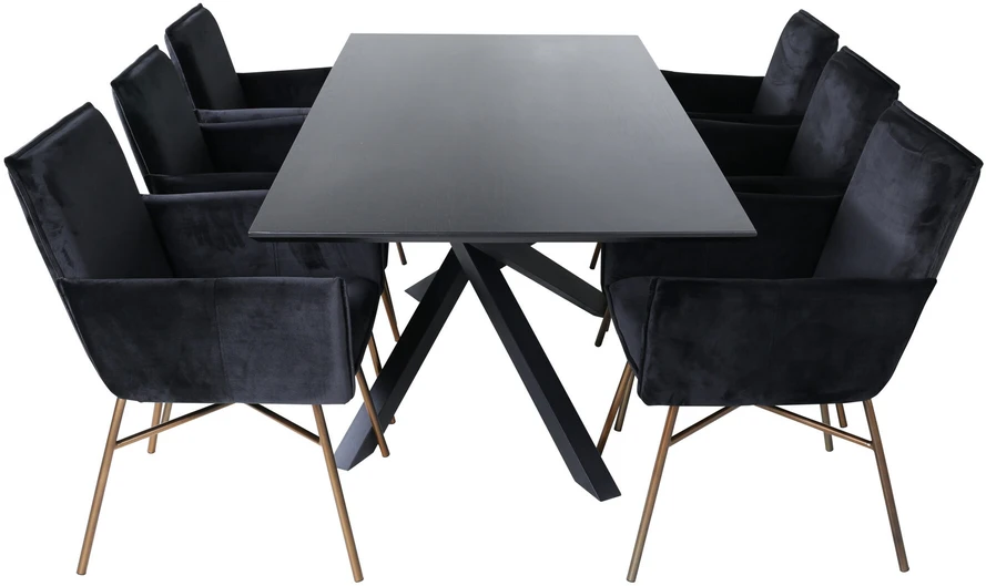 Venture Design Valgomasis stalas, Piazza, 76x180x90 cm, Juodas / Valgomasis kėdė, Petra, 60x87x57 cm, Nusidėvėjęs varis/juodas