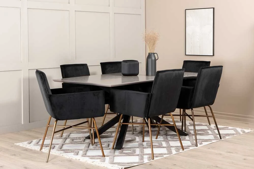 Venture Design Valgomasis stalas, Piazza, 190x90 cm, Valgomasis kėdė, Petra, 60x87 cm, Juoda