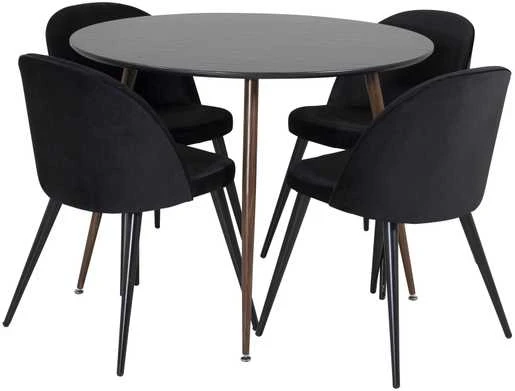 Venture Design Valgomasis stalas, Plaza apvalus, 100 cm, Juodas/Riešutas + Valgomasis kėdė, Samets aksomas, 57x76.5x50 cm, Juoda