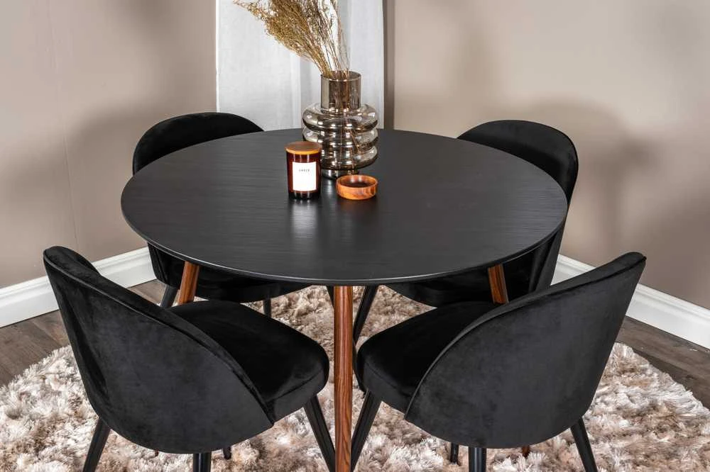 Venture Design Valgomasis stalas, Plaza apvalus, 100 cm, Juodas/Riešutas + Valgomasis kėdė, Samets aksomas, 57x76.5x50 cm, Juoda