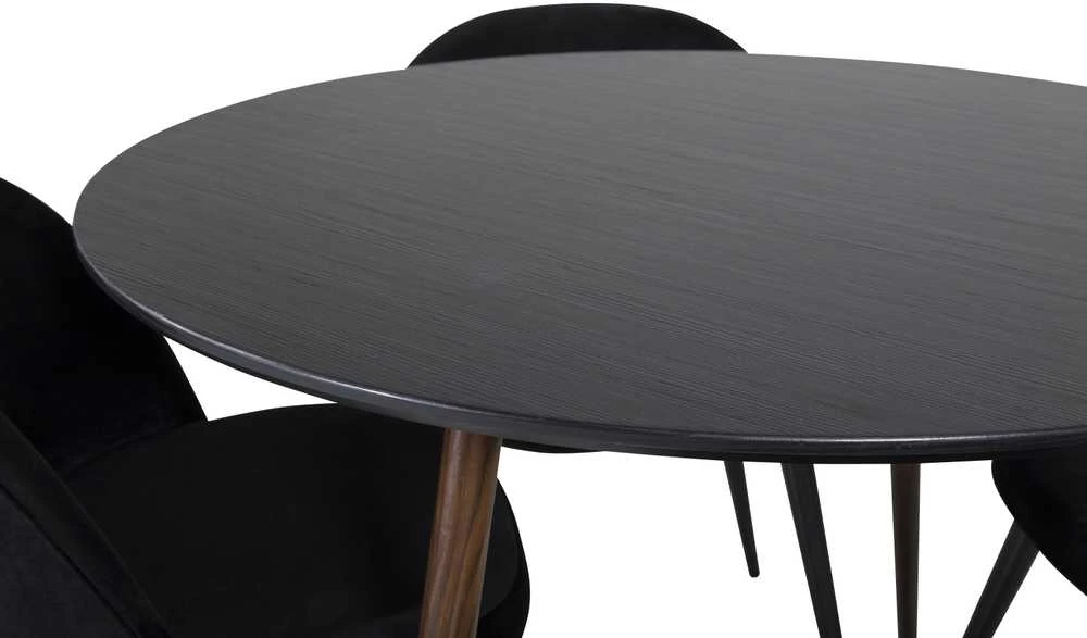 Venture Design Valgomasis stalas, Plaza apvalus, 100 cm, Juodas/Riešutas + Valgomasis kėdė, Samets aksomas, 57x76.5x50 cm, Juoda
