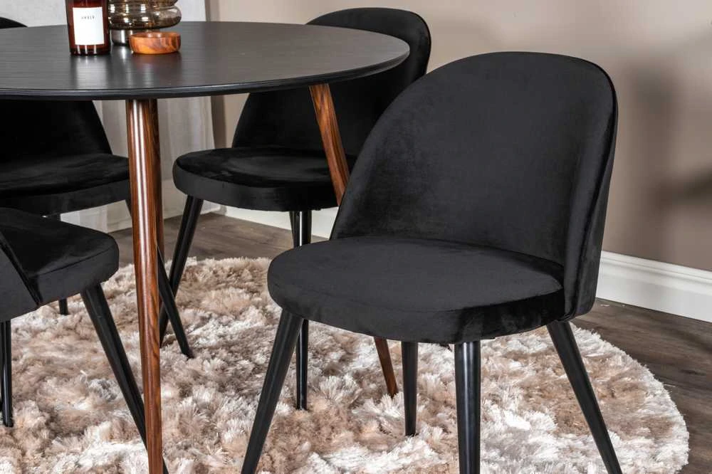Venture Design Valgomasis stalas, Plaza apvalus, 100 cm, Juodas/Riešutas + Valgomasis kėdė, Samets aksomas, 57x76.5x50 cm, Juoda