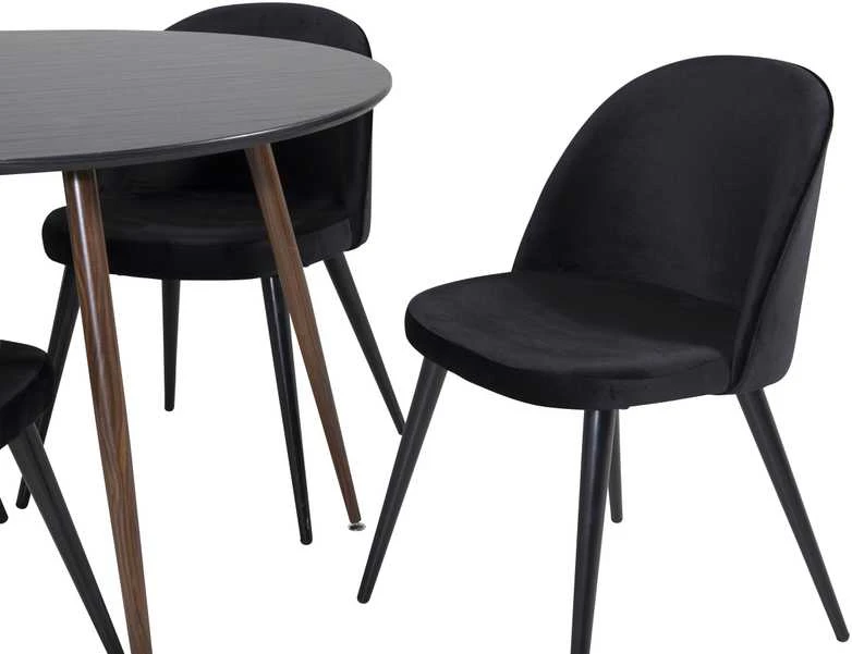 Venture Design Valgomasis stalas, Plaza apvalus, 100 cm, Juodas/Riešutas + Valgomasis kėdė, Samets aksomas, 57x76.5x50 cm, Juoda