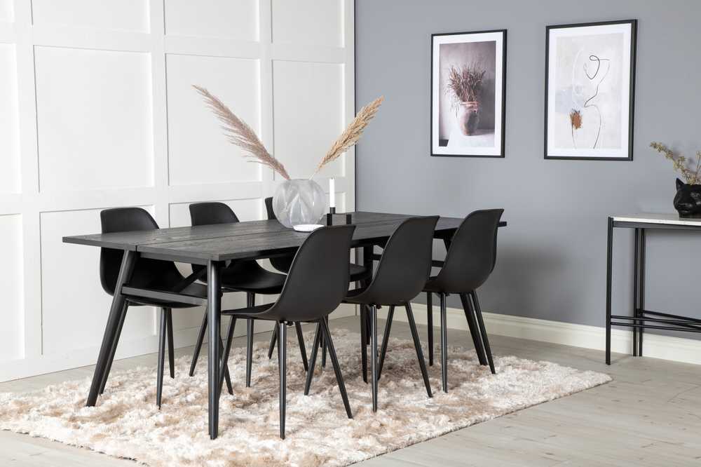 Venture Design Valgomasis stalas, Stilingas ištraukiamas stalas, 75x195x95 cm, Juodas šepetėlinis, Valgomasis kėdė, Polar, 58x81x45.5 cm, Juoda