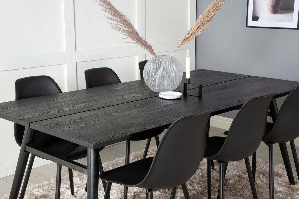 Venture Design Valgomasis stalas, Stilingas ištraukiamas stalas, 75x195x95 cm, Juodas šepetėlinis, kėdė, Polar, Juoda