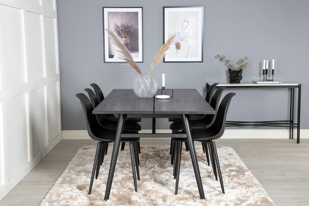 Venture Design Valgomasis stalas, Stilingas ištraukiamas stalas, 75x195x95 cm, Juodas šepetėlinis, kėdė, Polar, Juoda