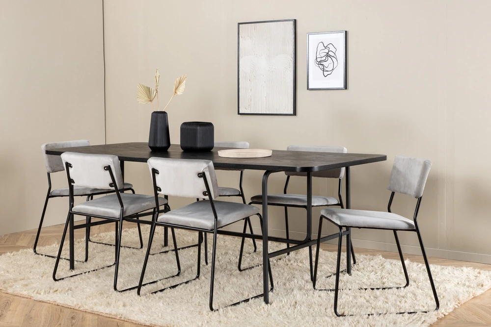 Venture Design Valgomasis stalas, Uno, 200x90 cm, Juodas, Valgomasis kėdė, Kenth, 76x40 cm, Pilka