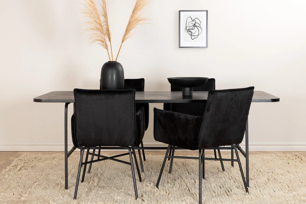 Venture Design Valgomasis stalas, Uno, 200x90 cm, Juodas + Valgomasis kėdė, Petra, 87x57 cm, Juoda
