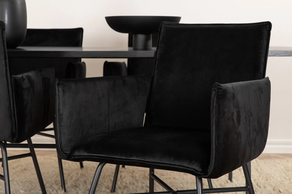 Venture Design Valgomasis stalas, Uno, 200x90 cm, Juodas + Valgomasis kėdė, Petra, 87x57 cm, Juoda
