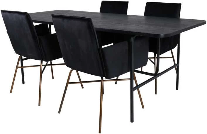 Venture Design Valgomasis stalas, Uno, 200x90 cm, Juodas + Valgomasis kėdė, Petra, 87x57 cm, Juoda