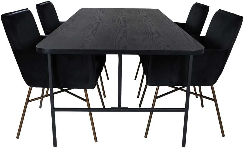 Venture Design Valgomasis stalas, Uno, 200x90 cm, Juodas + Valgomasis kėdė, Petra, 87x57 cm, Juoda