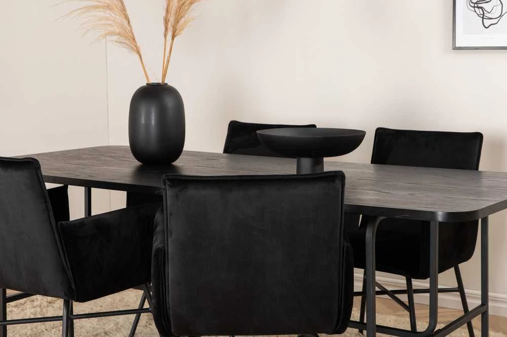 Venture Design Valgomasis stalas, Uno, 200x90 cm, Juodas + Valgomasis kėdė, Petra, 87x57 cm, Juoda