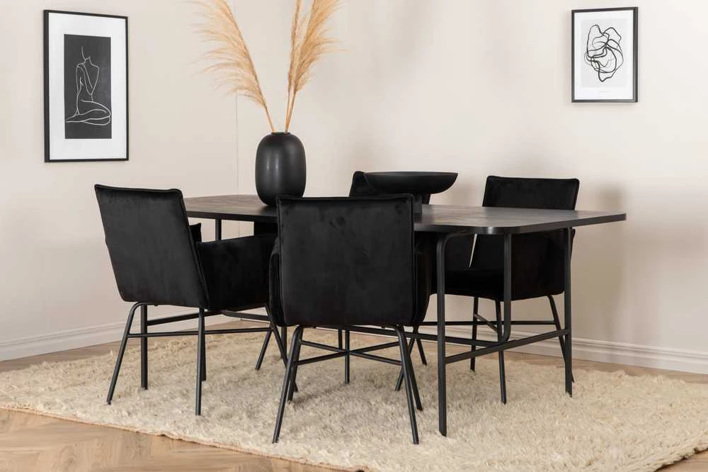 Venture Design Valgomasis stalas, Uno, 200x90 cm, Juodas + Valgomasis kėdė, Petra, 87x57 cm, Juoda