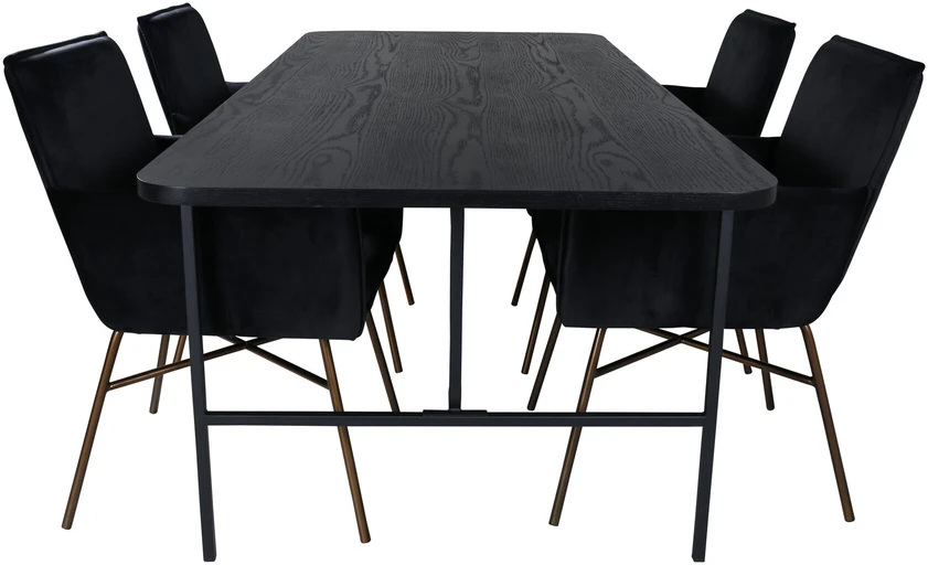 Venture Design Valgomasis stalas, Uno, 200x90 cm, Juodas + Valgomasis kėdė, Petra, 87x57 cm, Juoda