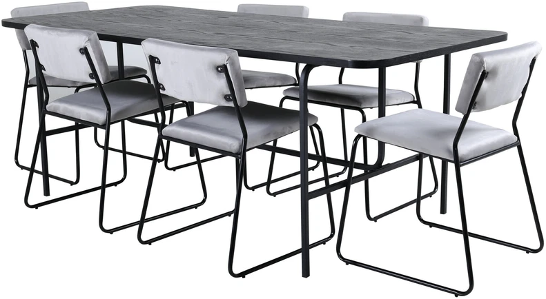 Venture Design Valgomasis stalas, Uno, 200x90 cm, Juodas, Valgomasis kėdė, Kenth, 76x40 cm, Pilka