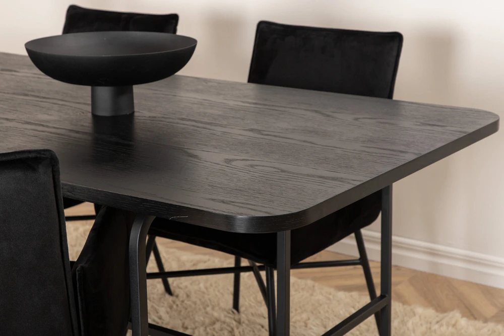 Venture Design Valgomasis stalas, Uno, 200x90 cm, Juodas + Valgomasis kėdė, Petra, 87x57 cm, Juoda