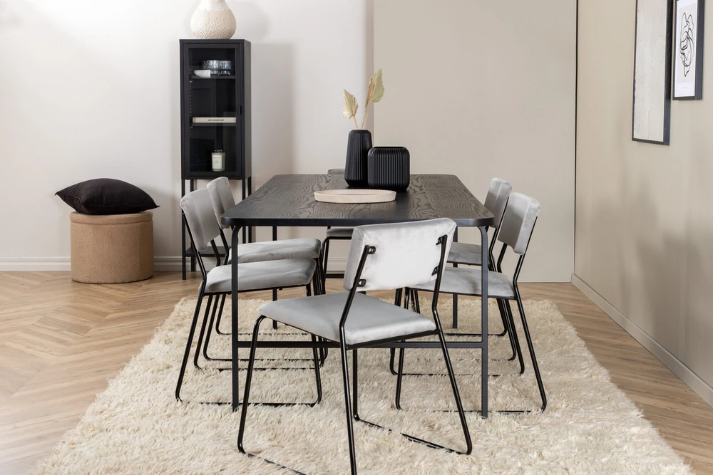 Venture Design Valgomasis stalas, Uno, 200x90 cm, Juodas, Valgomasis kėdė, Kenth, 76x40 cm, Pilka